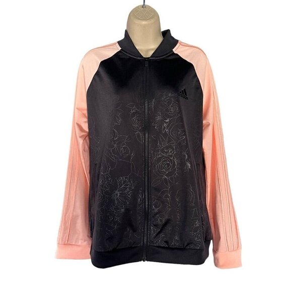 Adidas Women's Sz L Black Rose Floral Embossed Peach Contrast Sleeves Jacket - Picture 2 of 11